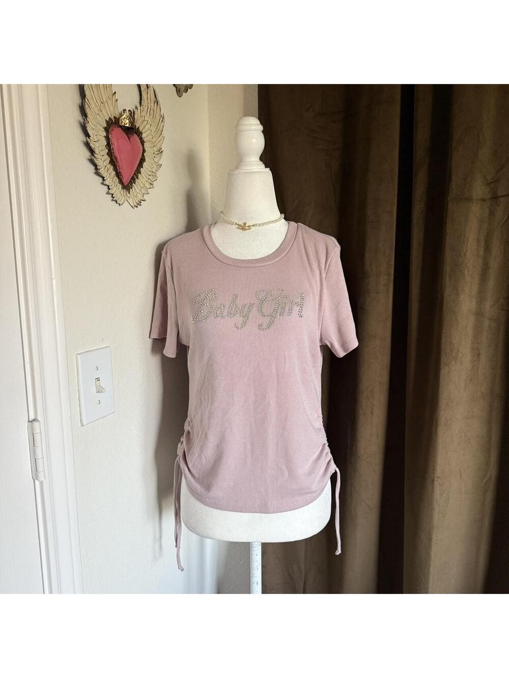 Starlet Pink Y2K Rhinestone Ribbed Baby Tee Blingy Girly Top Sz L